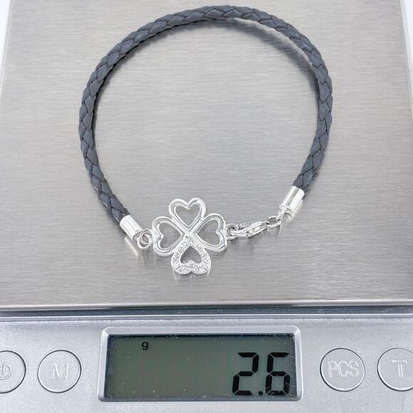 Vintage Sterling Silver 925 Cubic Zirconia Four Heart Charm Cord Bracelet 7.5" - Picture 7 of 7